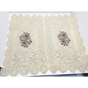 Vintage Embroidered Lace Doily Panel Roses Floral Scalloped Edge Cottagecore 9''